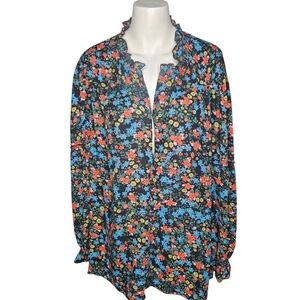 Philosophy Womens 1/2 Zip Front Floral Ruffle Neck Blouse Sz 3X Career Cottage